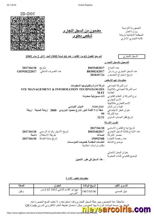 Tunis Certificate of Registration